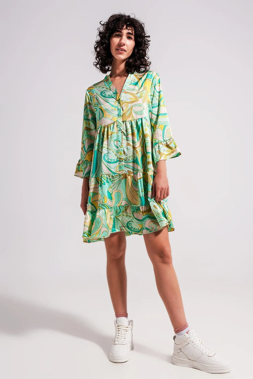 3/4 Sleeve Mini Dress In Green