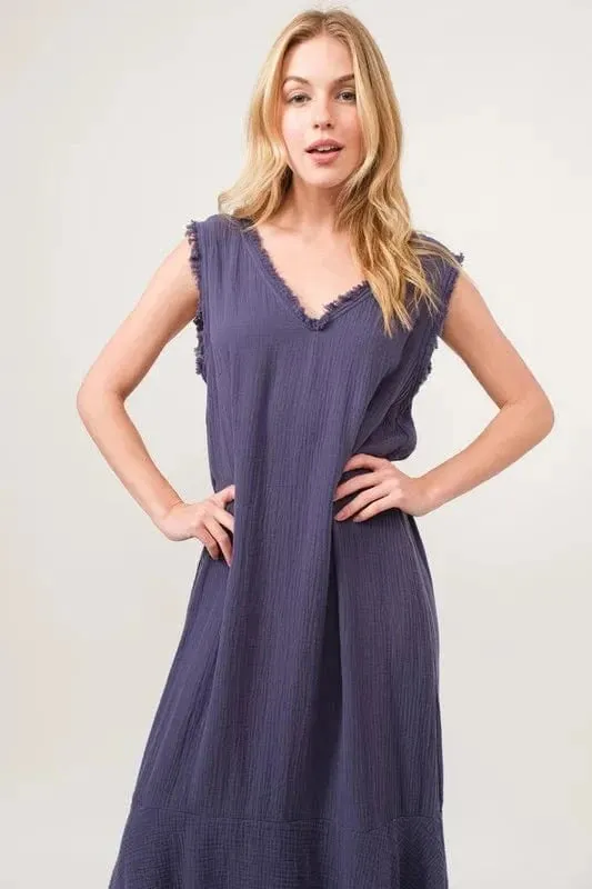 And The Why Washed Cotton Gauze Fringe Detail Tiered Dress