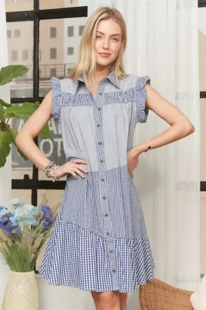 Blue Gingham Ruffle Sleeve Button Down Babydoll Dress