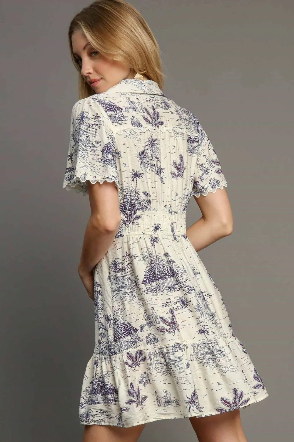 Blue Landscape Print Collared Smocked Mini Dress
