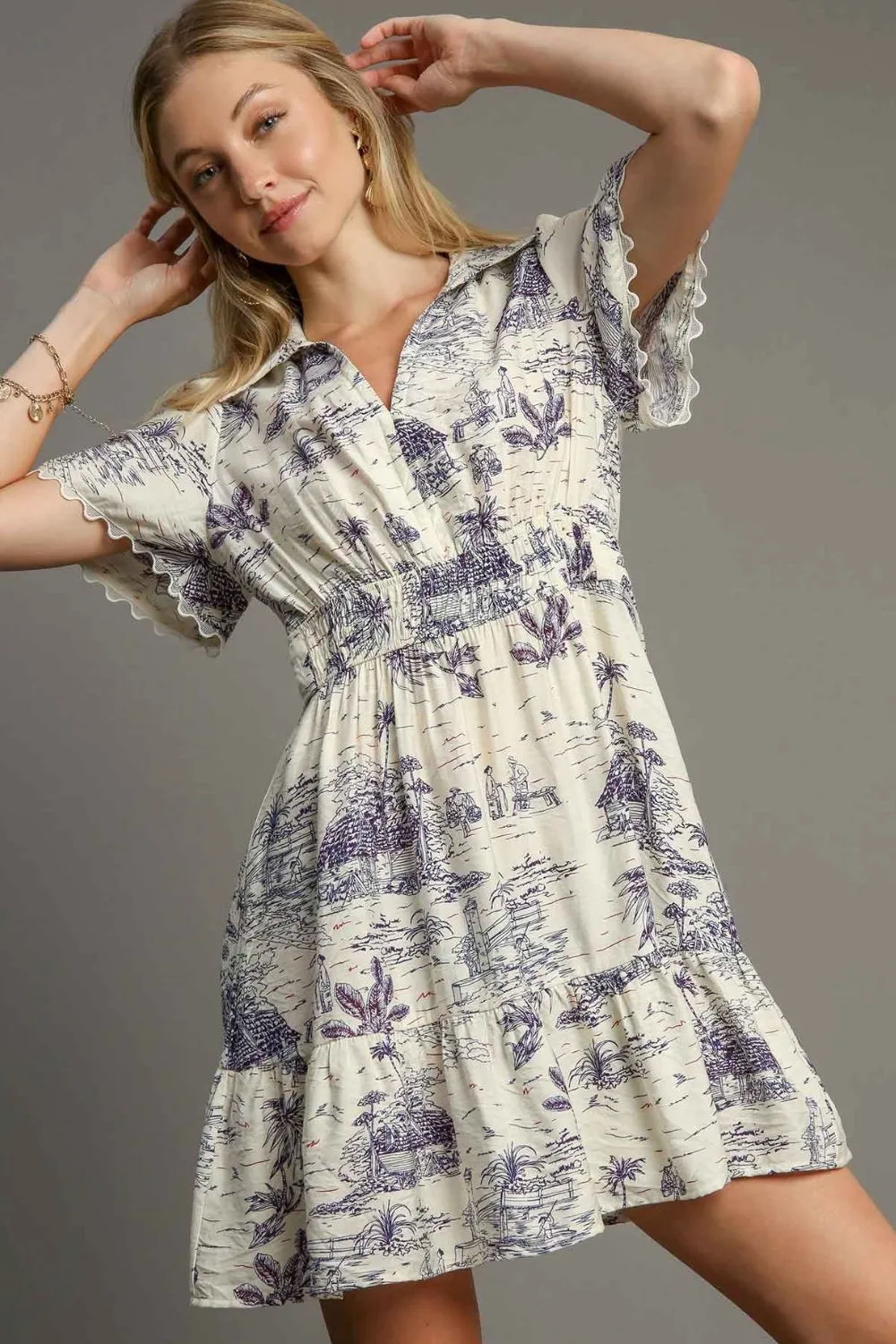 Blue Landscape Print Collared Smocked Mini Dress