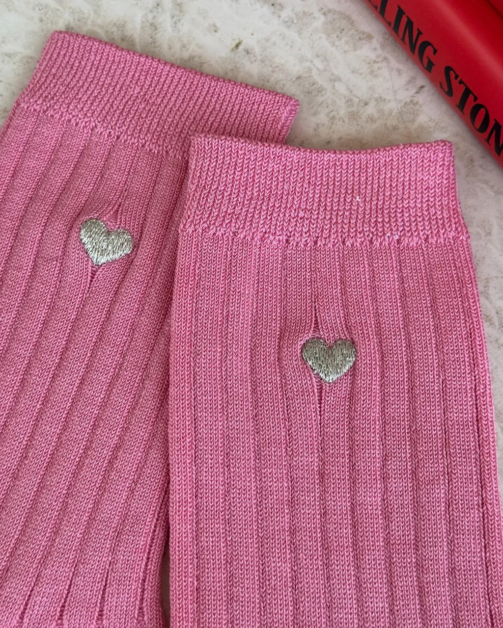 Embroidered Her Socks - Pink Water   Heart