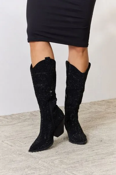 Forever Link Rhinestone Bejeweled Knee High Black Cowgirl Cowboy Boots