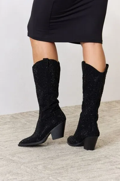 Forever Link Rhinestone Bejeweled Knee High Black Cowgirl Cowboy Boots