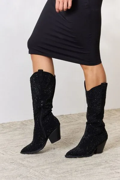 Forever Link Rhinestone Bejeweled Knee High Black Cowgirl Cowboy Boots