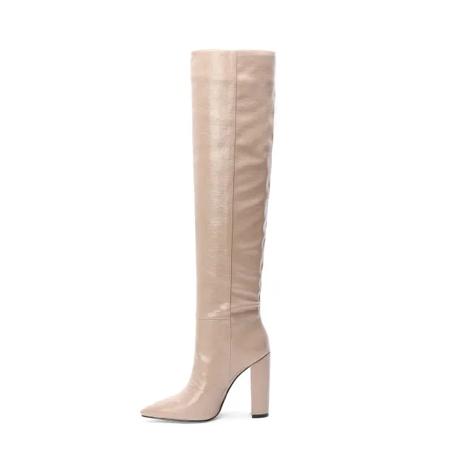 Glossy Point Toe Knee High Boots