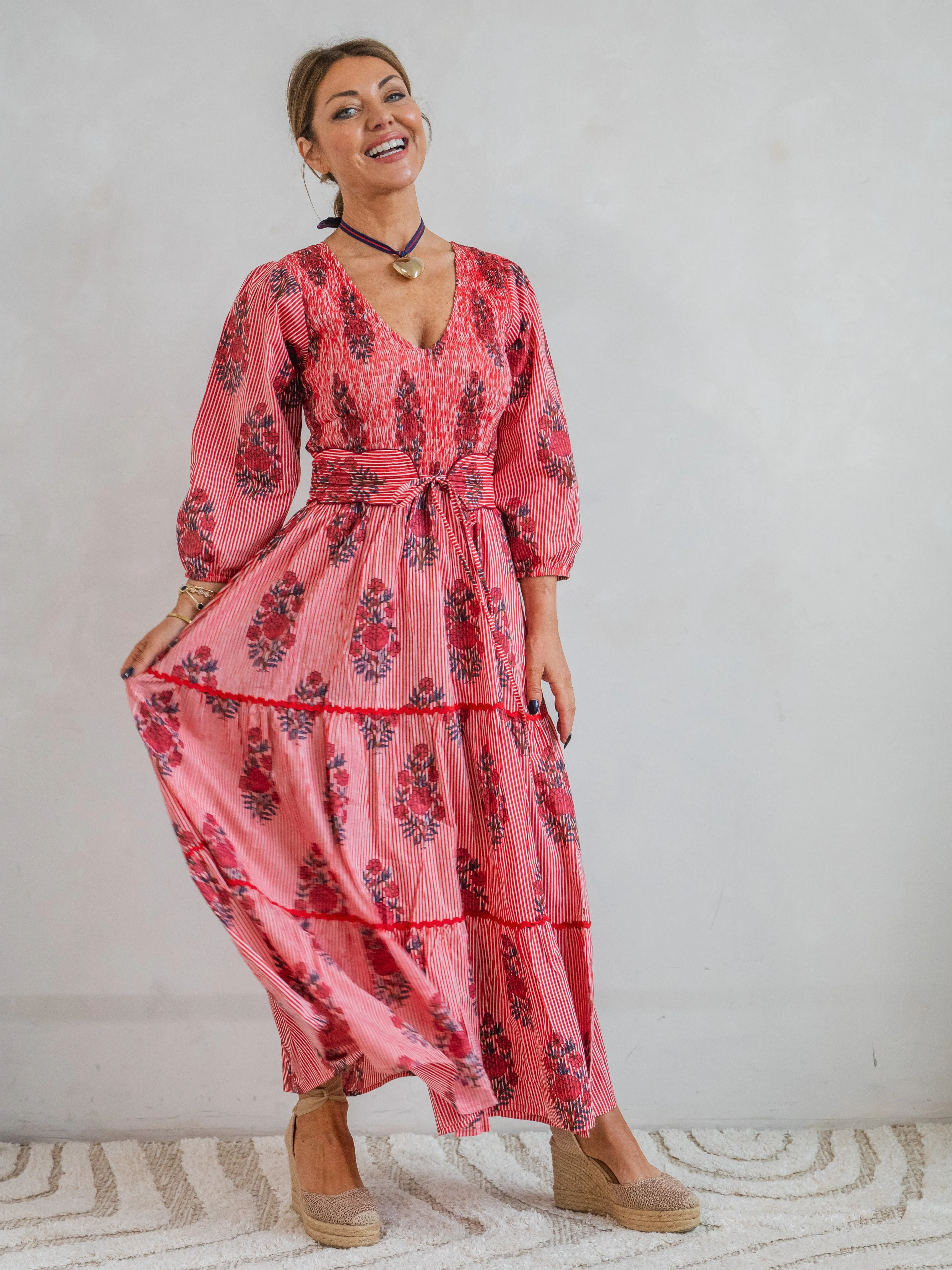 'GRACE' DRESS IN STRIPEY RED GARLAND