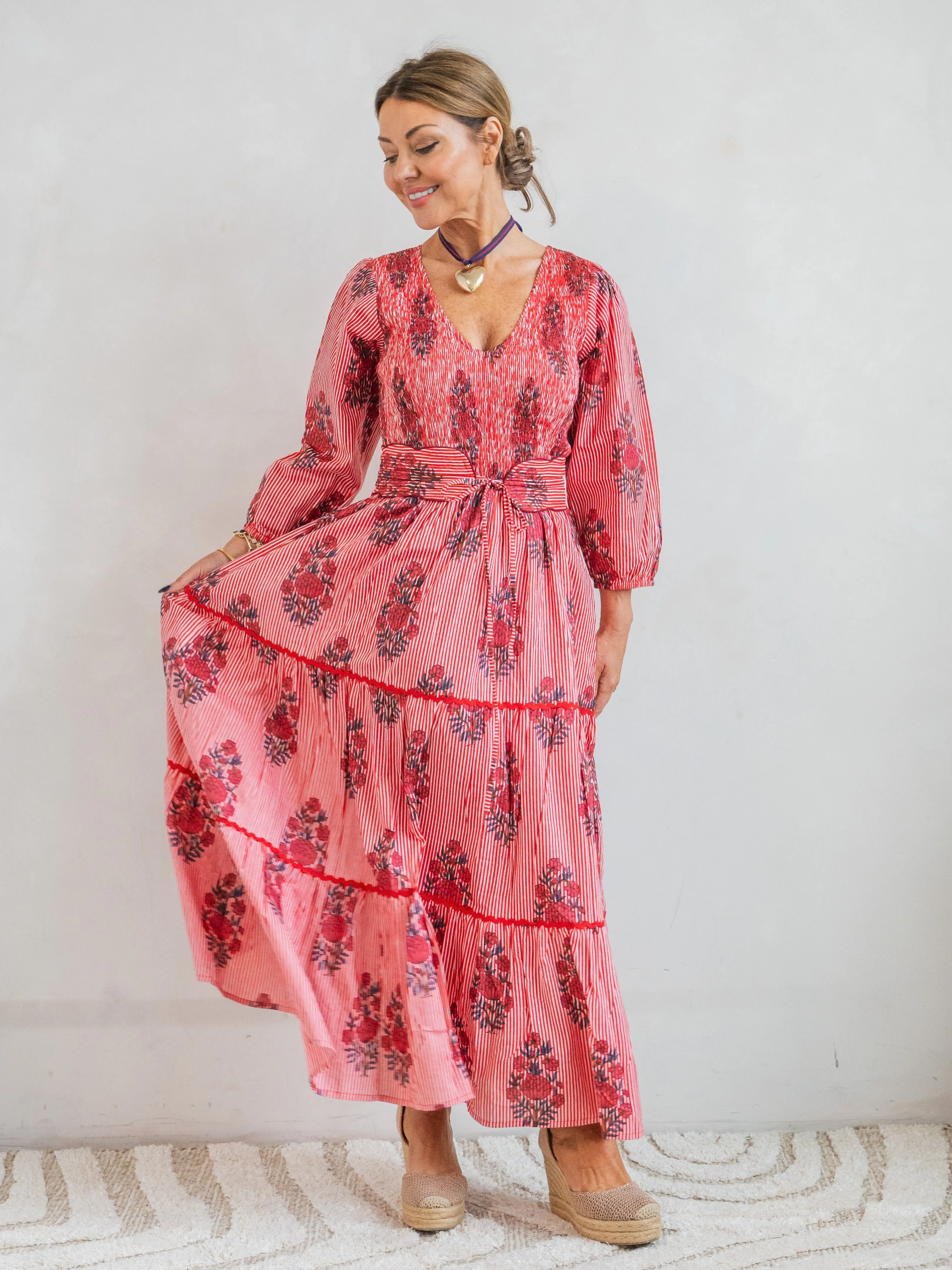 'GRACE' DRESS IN STRIPEY RED GARLAND