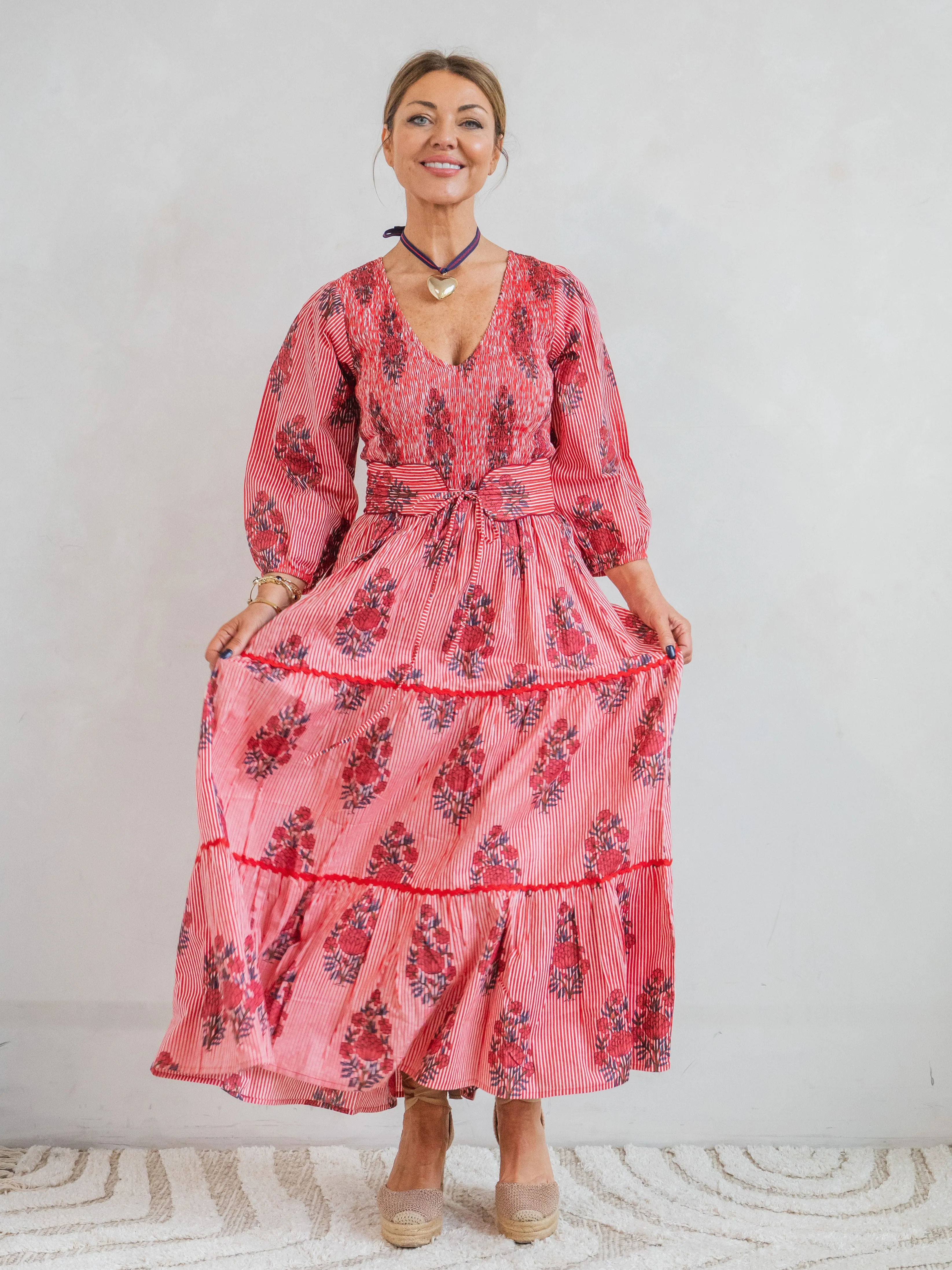 'GRACE' DRESS IN STRIPEY RED GARLAND
