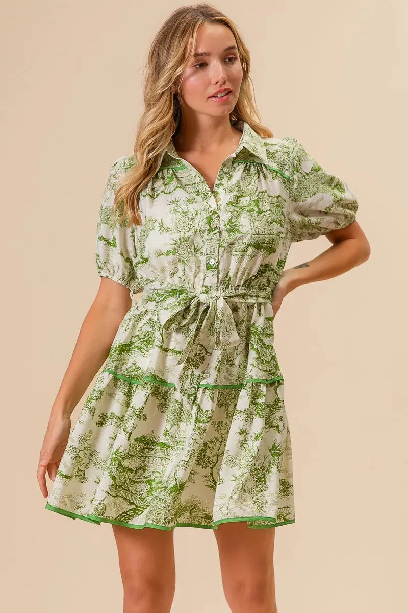 Green Toile Print Belted Tiered Shirt Dress