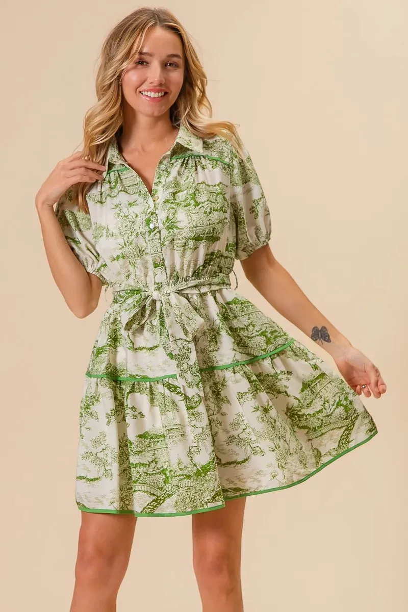 Green Toile Print Belted Tiered Shirt Dress