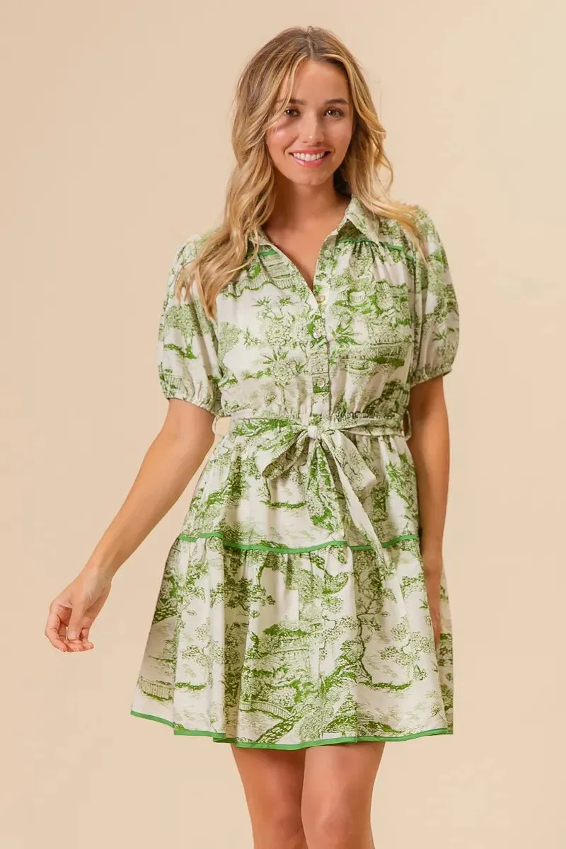 Green Toile Print Belted Tiered Shirt Dress