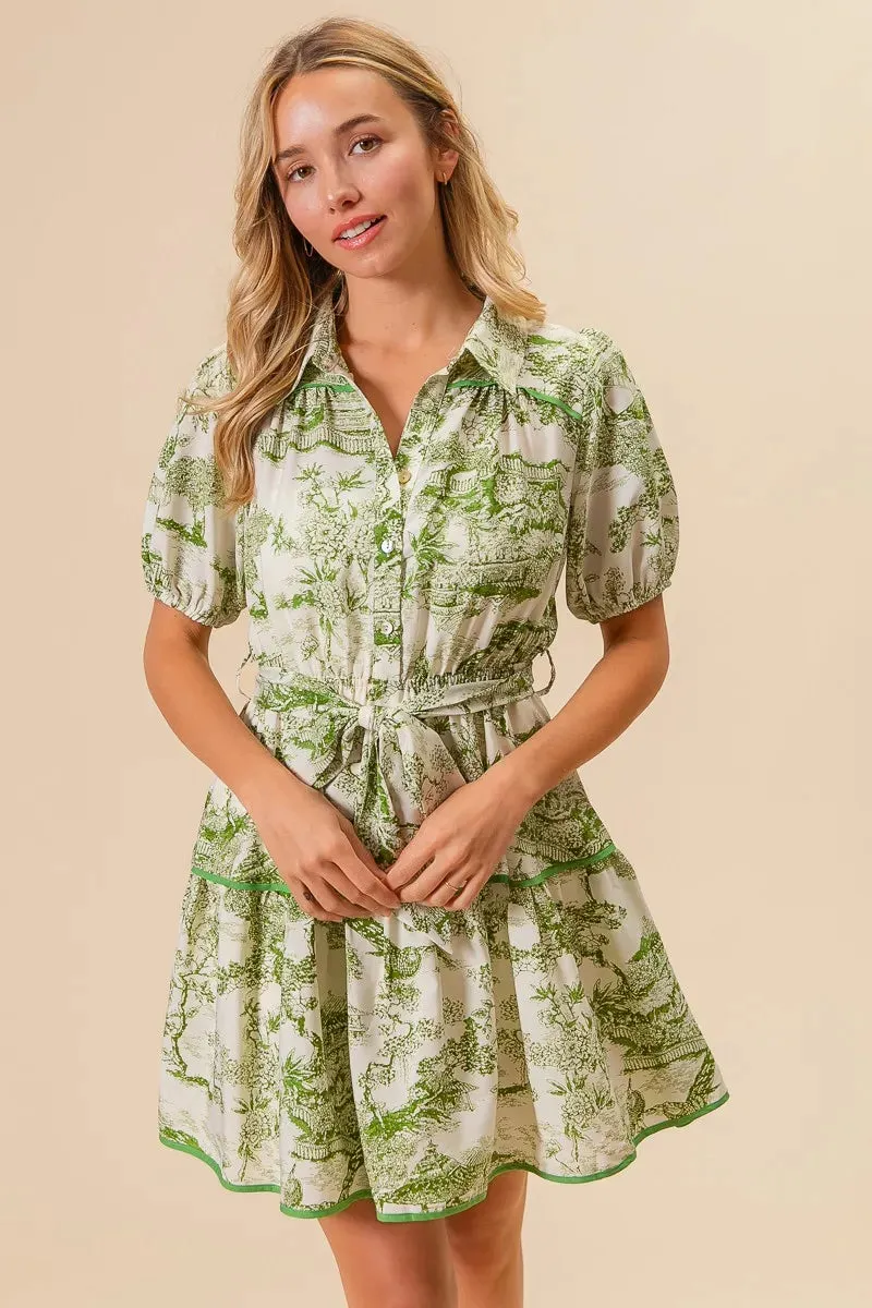 Green Toile Print Belted Tiered Shirt Dress