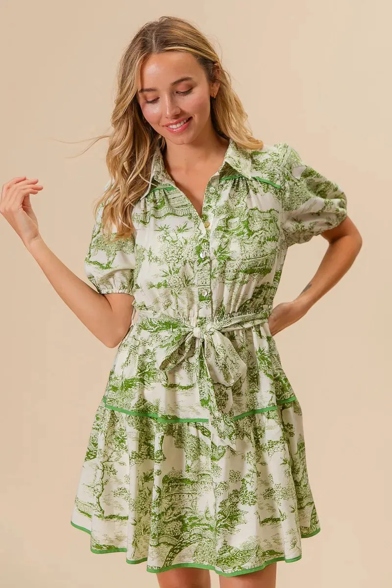 Green Toile Print Belted Tiered Shirt Dress