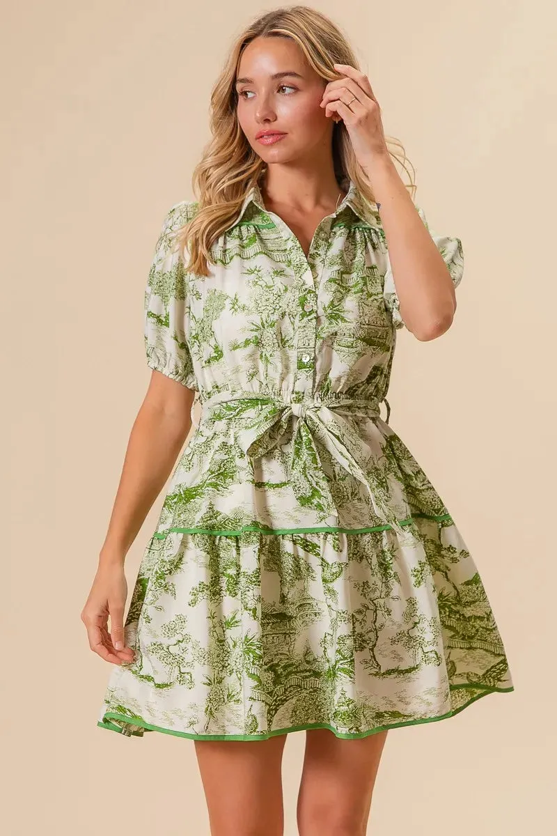 Green Toile Print Belted Tiered Shirt Dress