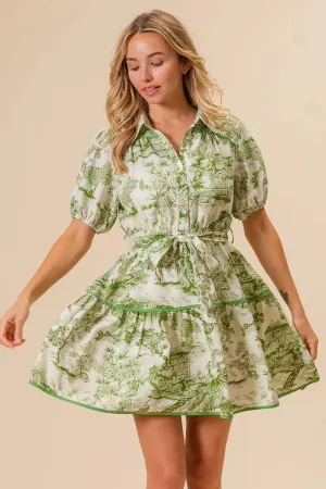 Green Toile Print Belted Tiered Shirt Dress