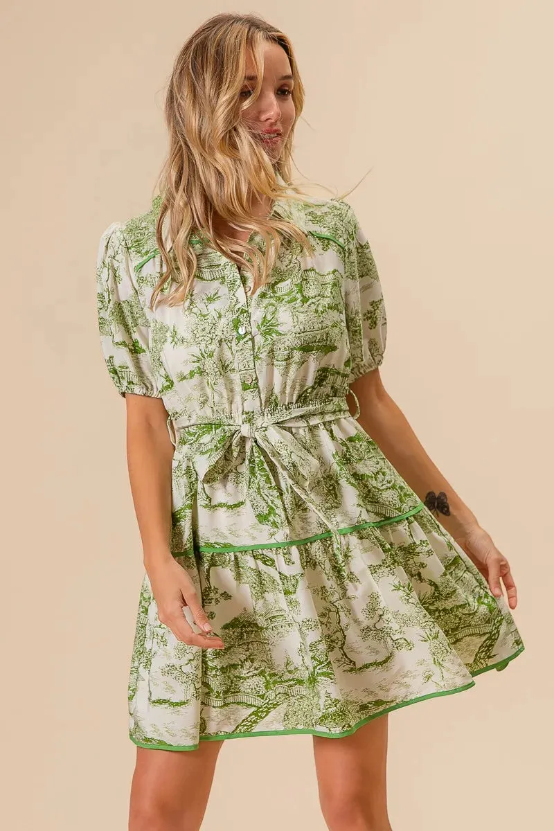Green Toile Print Belted Tiered Shirt Dress