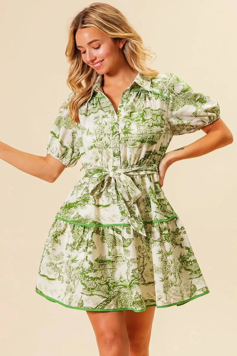 Green Toile Print Belted Tiered Shirt Dress