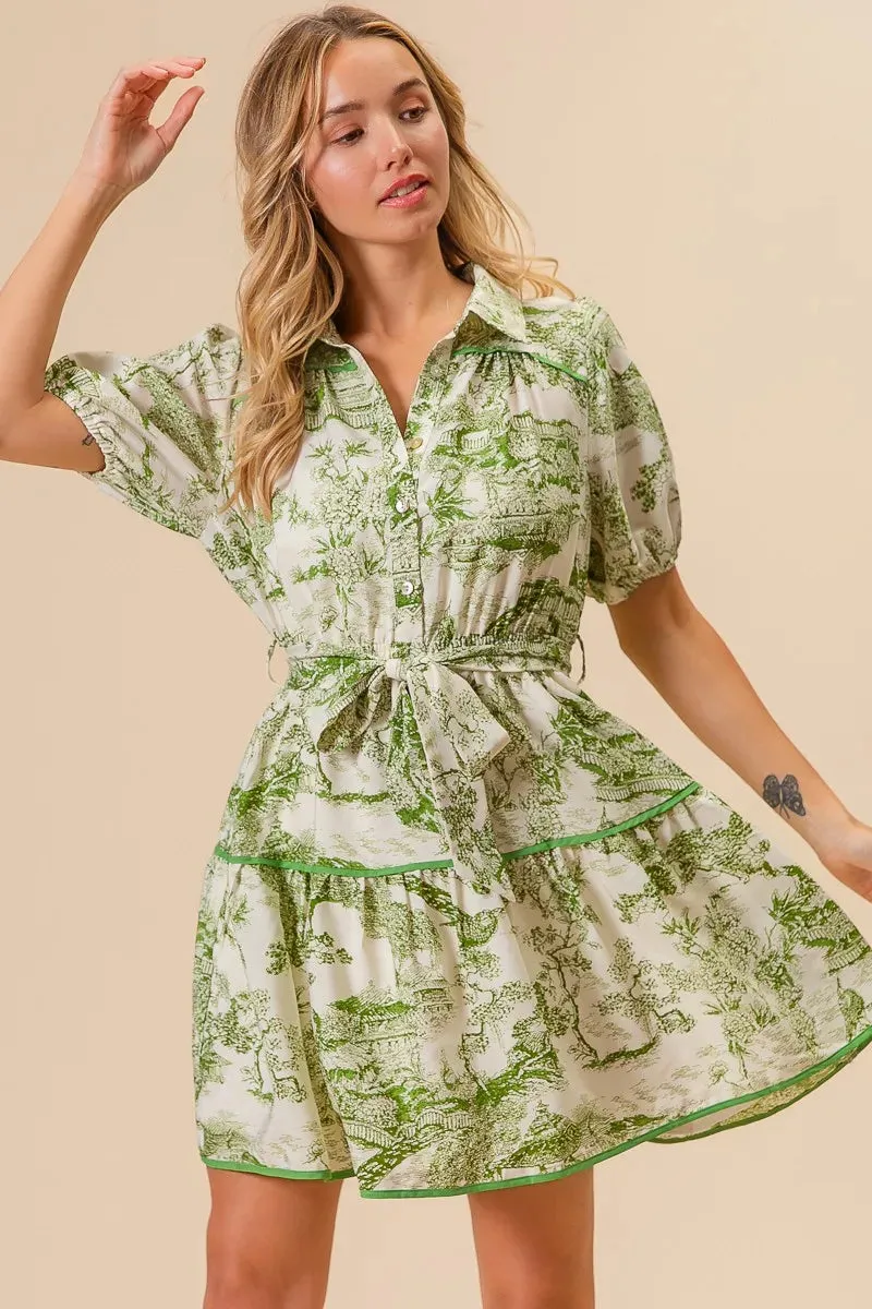 Green Toile Print Belted Tiered Shirt Dress