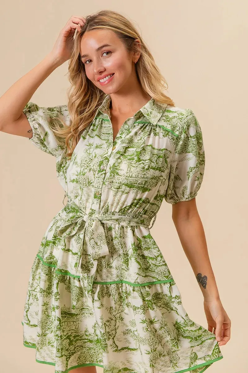 Green Toile Print Belted Tiered Shirt Dress