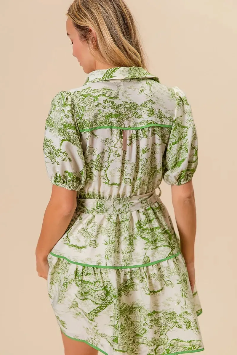 Green Toile Print Belted Tiered Shirt Dress