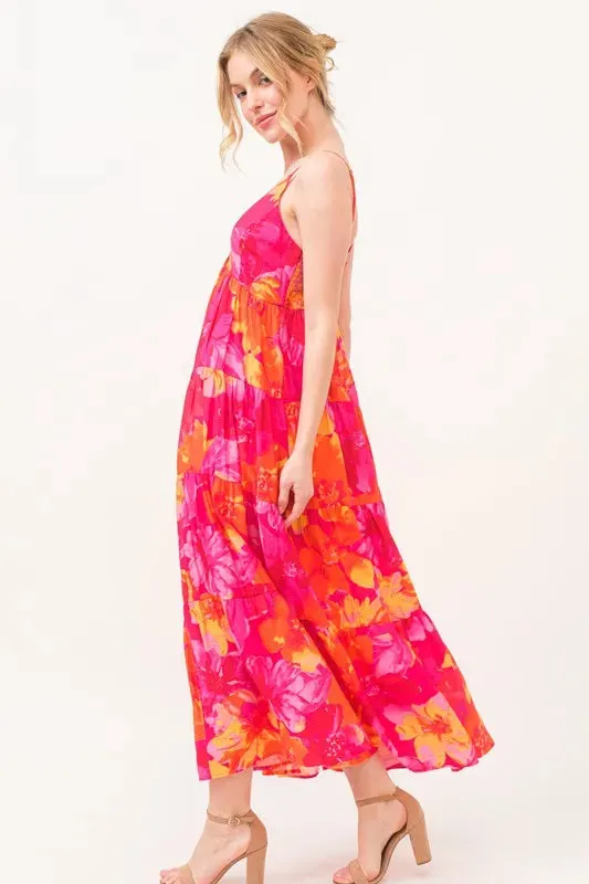 Hot Pink & Orange Floral Tiered Cami Maxi Dress with Pockets – Bold Summer Statement