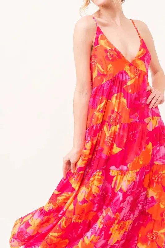 Hot Pink & Orange Floral Tiered Cami Maxi Dress with Pockets – Bold Summer Statement