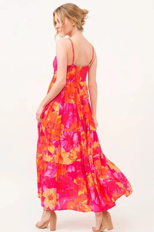 Hot Pink & Orange Floral Tiered Cami Maxi Dress with Pockets – Bold Summer Statement