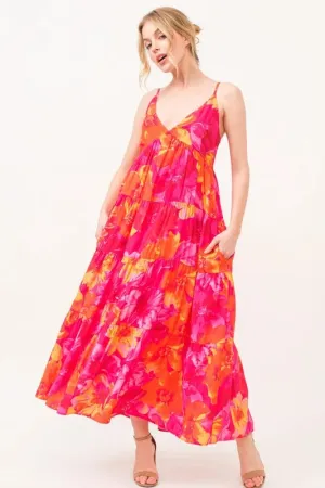Hot Pink & Orange Floral Tiered Cami Maxi Dress with Pockets – Bold Summer Statement