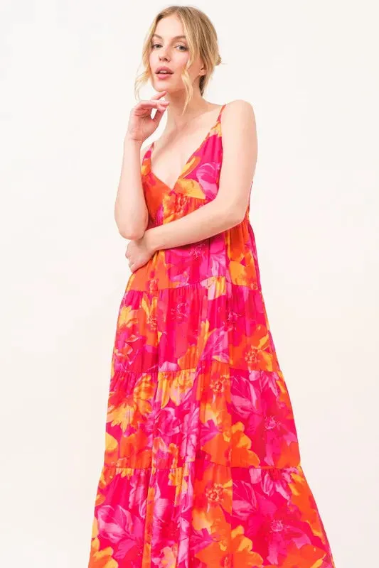 Hot Pink & Orange Floral Tiered Cami Maxi Dress with Pockets – Bold Summer Statement