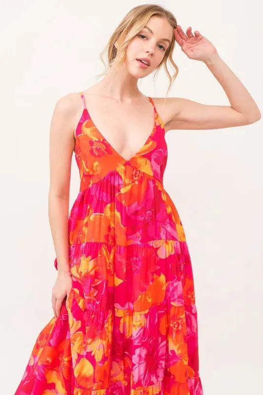 Hot Pink & Orange Floral Tiered Cami Maxi Dress with Pockets – Bold Summer Statement
