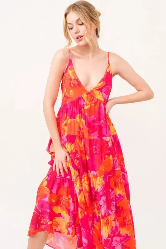 Hot Pink & Orange Floral Tiered Cami Maxi Dress with Pockets – Bold Summer Statement