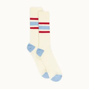 Ivy Stripe Cotton Sports Sock - Ecru/Sky/Red