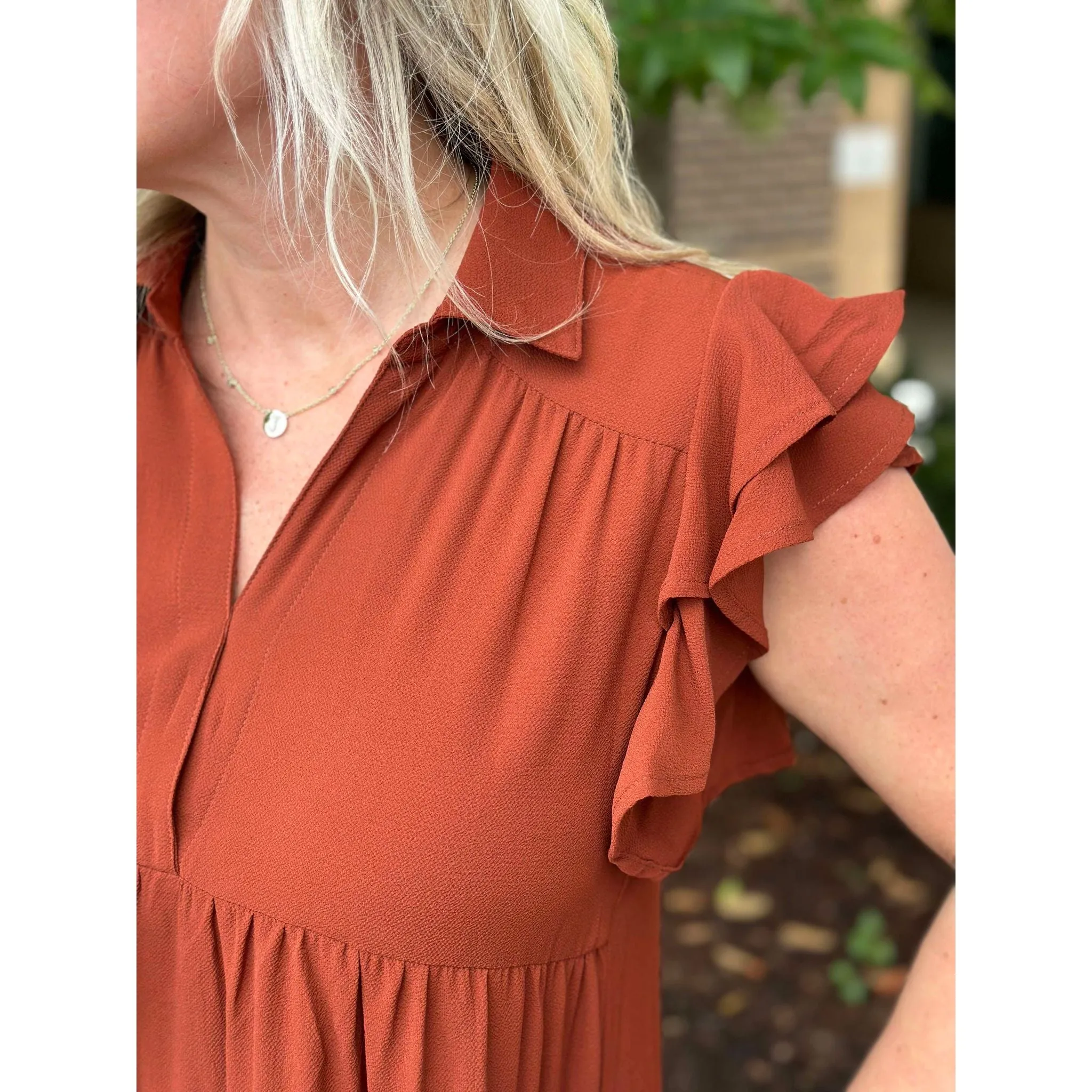Kendall Split V-Neck Tiered Midi Dress - Cinnamon - FINAL SALE