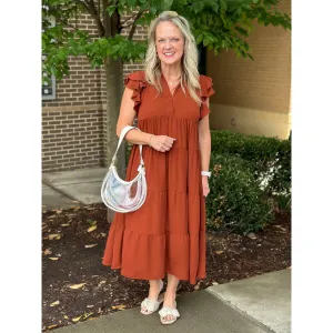 Kendall Split V-Neck Tiered Midi Dress - Cinnamon - FINAL SALE