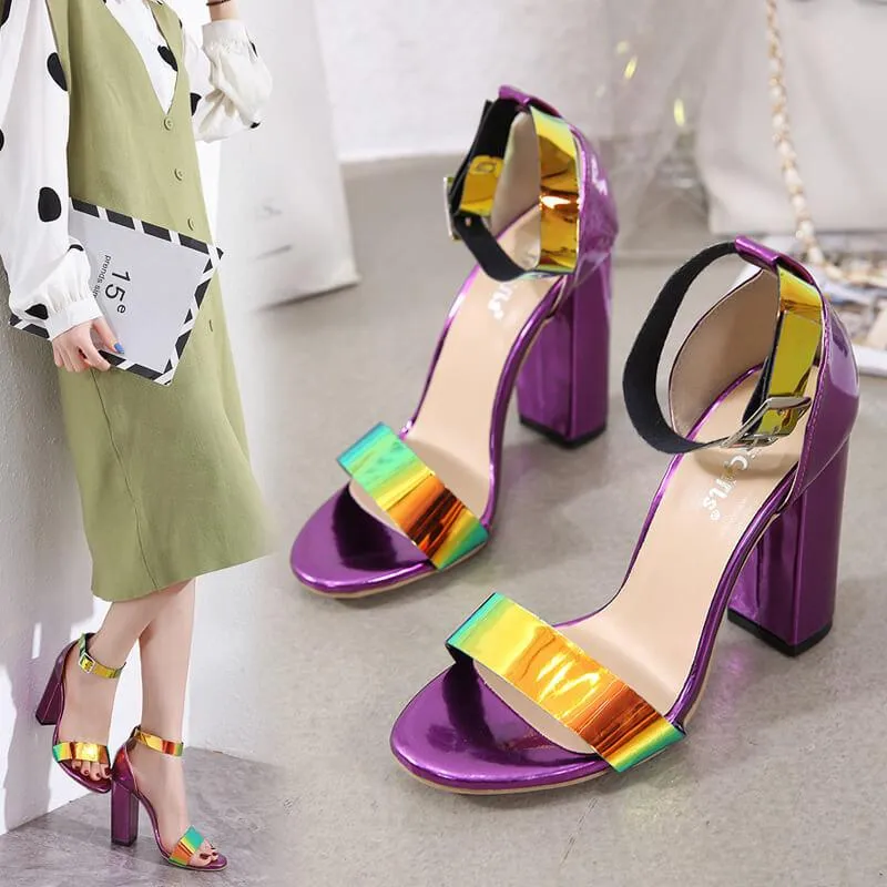 Leather Chunky Heel Buckle Cutout Sandals