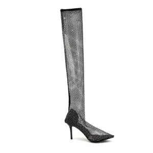 MOTIA Diamante Mesh Over The Knee Boots - 11cm