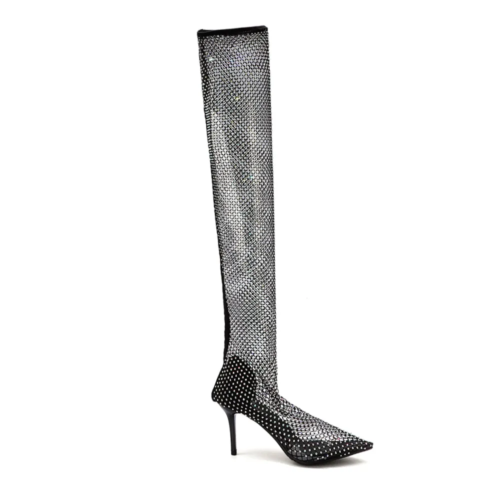 MOTIA Diamante Mesh Over The Knee Boots - 11cm