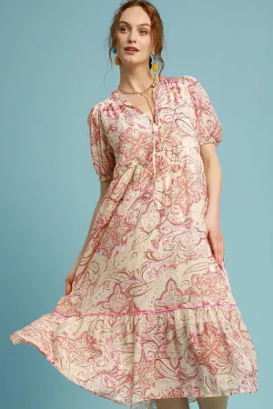 Pink Paisley Puff Sleeve Tie-Front Midi Dress