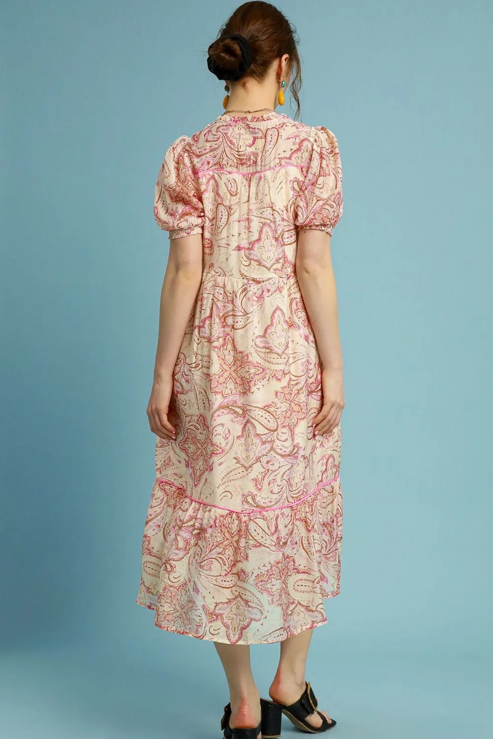 Pink Paisley Puff Sleeve Tie-Front Midi Dress