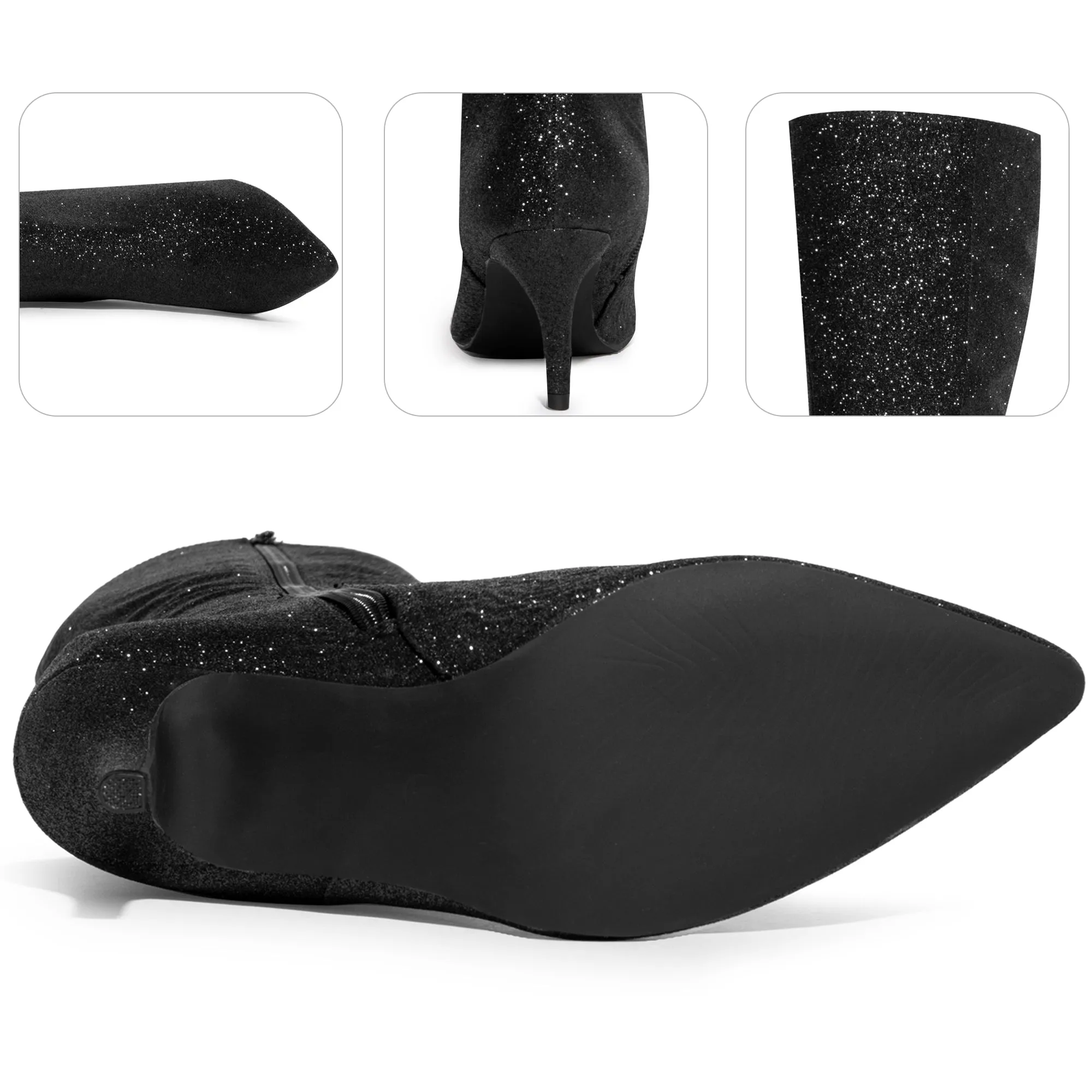 Pointed Toe Glitter Stiletto Heel Knee High Boots for Women