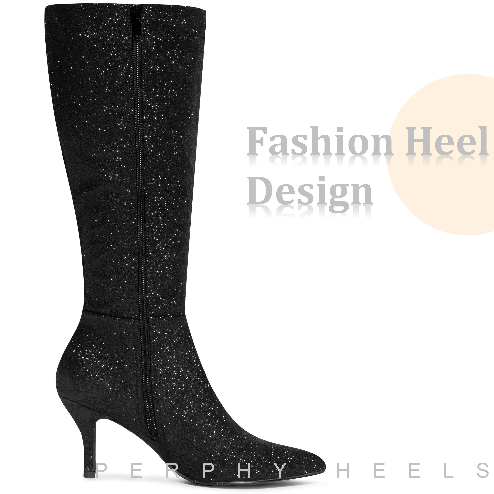 Pointed Toe Glitter Stiletto Heel Knee High Boots for Women