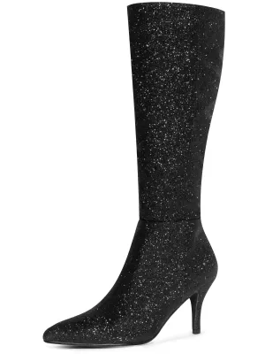 Pointed Toe Glitter Stiletto Heel Knee High Boots for Women