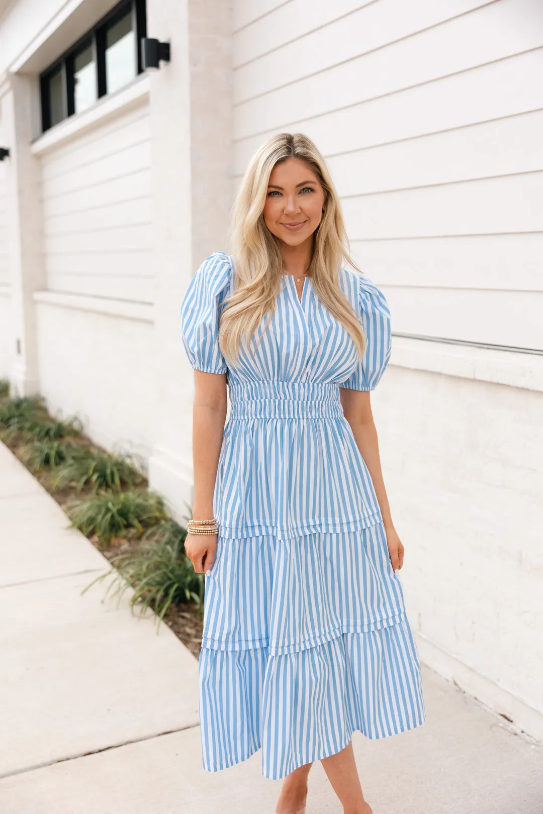 Sunrise Service Stripped Midi Dress w Puff Sleeves
