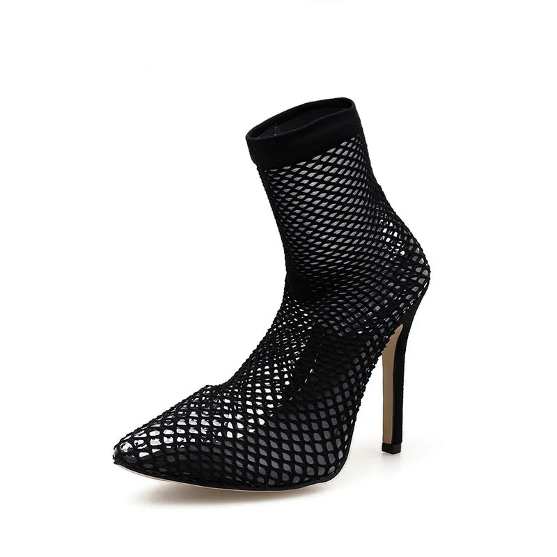 Transparent Mesh Hollow Pointed High-Heeled Sandals