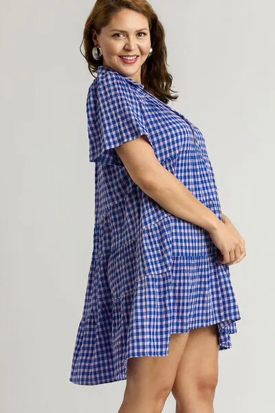 Umgee Gingham Tiered Button Detail Short Sleeve Dress In Blue