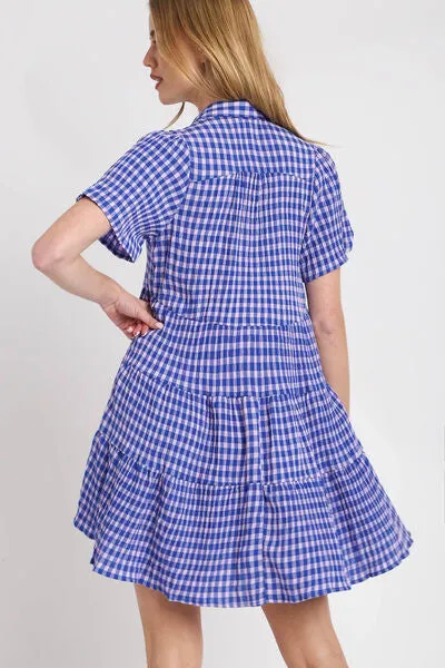 Umgee Gingham Tiered Button Detail Short Sleeve Dress In Blue