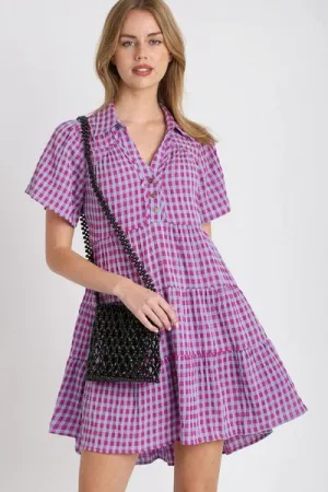 Umgee Gingham Tiered Button Detail Short Sleeve Dress In Violet