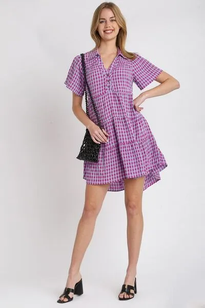 Umgee Gingham Tiered Button Detail Short Sleeve Dress In Violet