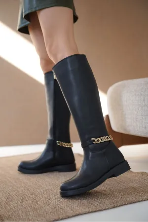Women's Knee High Boots - black-leather